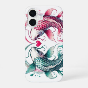Para iPhone 16 Funda de corazón de amor koi rosa y azul oriental