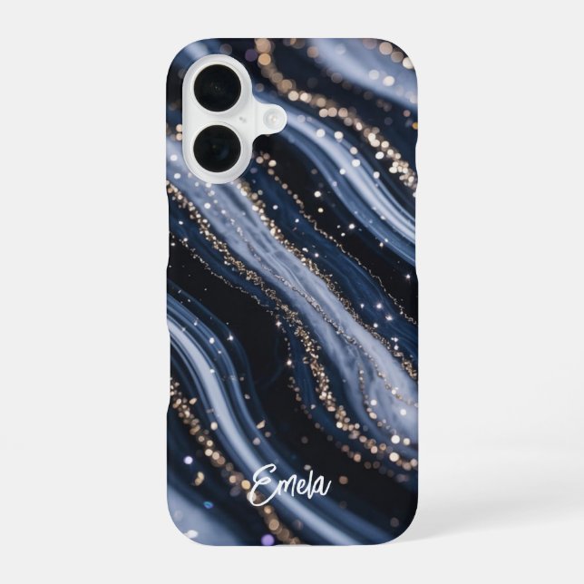 Para iPhone 16 Funda de mármol con brillo celestial y nombre (Reverso )