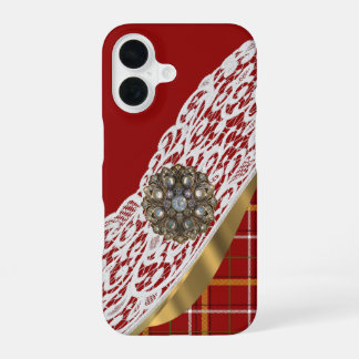 Para iPhone 16 Funda de tartán rojo y encaje