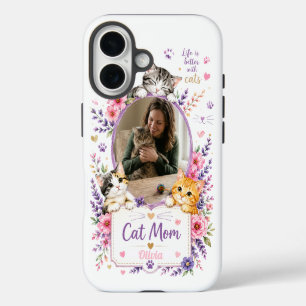 Para iPhone 16 Funda de teléfono con foto de gata mamá con flores