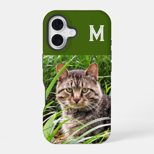 Para iPhone 16 Funda de teléfono con foto de gato atigrado monogr (Reverso )