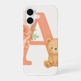 Para iPhone 16 Funda de teléfono con oso floral alfabeto A