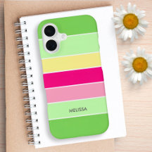 Funda de teléfono con rayas verdes, rosadas y amar