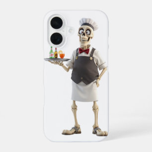 Para iPhone 16 Funda de teléfono de camarero chef esqueleto bebid