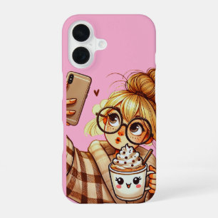 Para iPhone 16 Funda de teléfono de dibujo animado lindo tomando