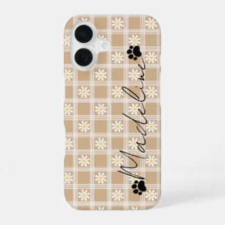 Para iPhone 16 Funda de teléfono de flores a cuadros marrones per