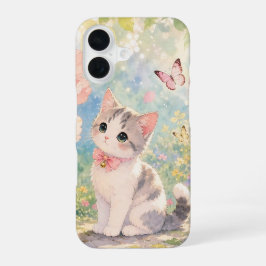 Para iPhone 16 Funda de teléfono de mariposa gatito de primavera