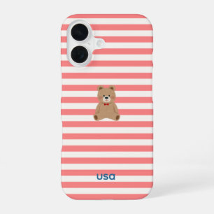 Para iPhone 16 Funda de teléfono de osito de rayas rojas de EE. U