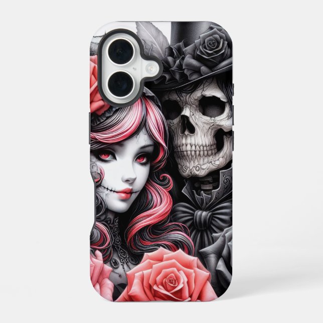 Para iPhone 16 Funda de teléfono de pareja esqueleto gótica (Reverso )