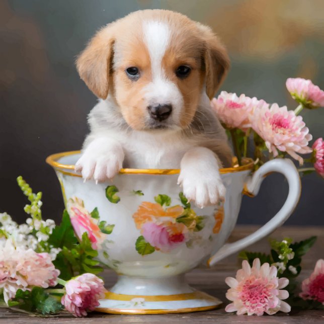 Para iPhone 16 Funda de teléfono de taza de cachorro (A charming puppy peeks out from a beautifully decorated floral teacup!)