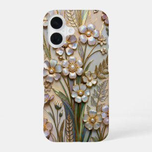 Para iPhone 16 Funda de teléfono de vidrio emplomado floral perla
