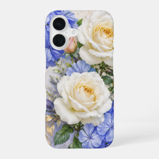 Para iPhone 16 Funda de teléfono floral de rosa blanca y azul .
