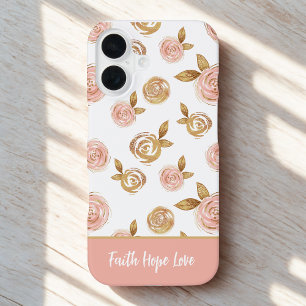 Para iPhone 16 Funda de teléfono floral rosa con cita motivaciona