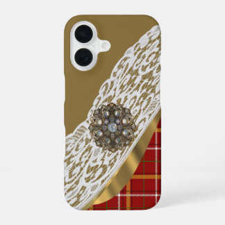 Para iPhone 16 Funda y encaje tártaro rojo y dorado