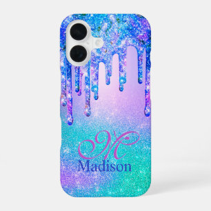 Para iPhone 16 Moda azul púrpura purpurina laca monograma Funda