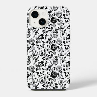 Para iPhone 14 Funda blanco y negro de mano dibujado con flores