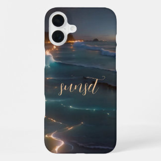 Para iPhone 16 Plus Funda con monograma de océano al atardecer - Mate