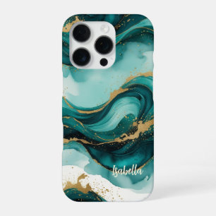 Para iPhone 16 Pro Funda de acuarela elegante en verde azulado y dora