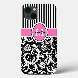 Funda de damasco con rayas rosadas, negras y blanc