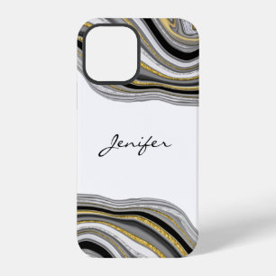 Para iPhone 12 Pro Funda de mármol líquido agate de plata negra dorad