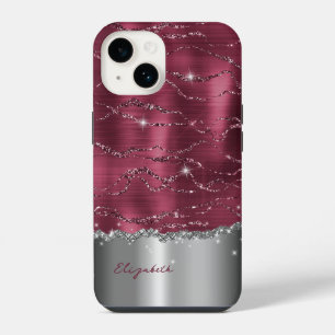 Para iPhone 14 Funda de Monograma Purpurina Burgundy Silver Faux 