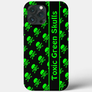 Para iPhone 13 Pro Max Funda de patrón de cráneo negro y verde con texto 