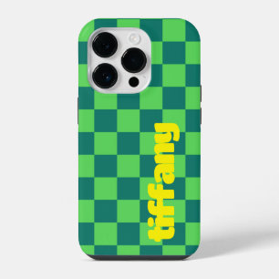 Para iPhone 14 Pro Funda de teléfono a cuadros azul verde