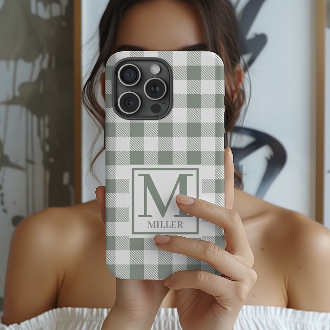 Para iPhone Funda de teléfono a cuadros personalizada regalo p (Custom Gingham Phone Case Gift for Mom or Grandma, Sage Checkered Phone Case Birthday Gift for Women)