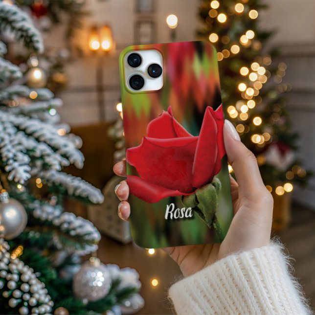 Para iPhone Funda de teléfono con capullo de rosa personalizad (Personalize Your Tech! Add a custom name to this artistic phone case. It's the perfect unique gift!)