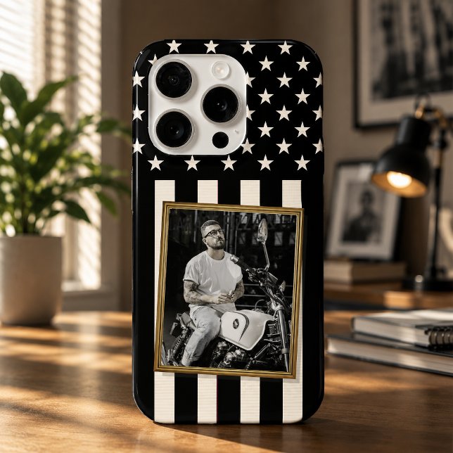 Para iPhone Funda de teléfono con foto personalizada, bandera  (Custom Photo Phone Case, USA Black Flag Patriotic iPhone Case)