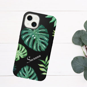 Funda de teléfono con patrón de hoja tropical negr
