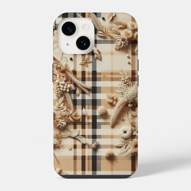 Para iPhone Funda de teléfono de cuadros beige de lujo con flo (Reverso )