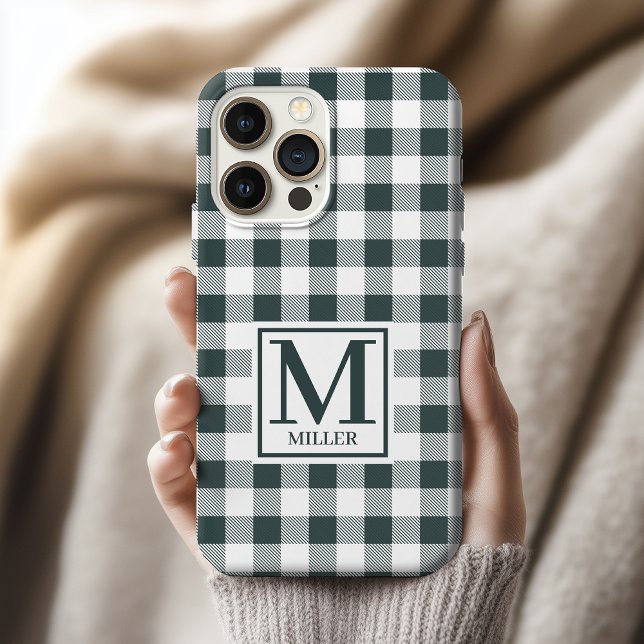 Para iPhone Funda de teléfono de cuadros verdes con monograma, (Green Checkered Custom Phone Case for Mom or Grandma, Custom Name Phone Case Graduation Gift for Her)