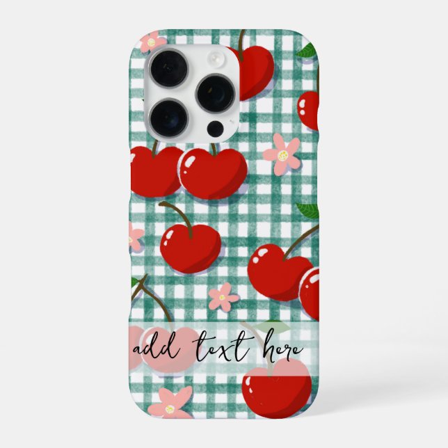 Para iPhone Funda de teléfono de gingham verde con cereza pers (Reverso)