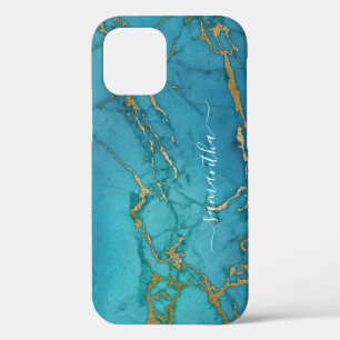 Para iPhone 12 Funda de teléfono de mármol dorado turquesa con no