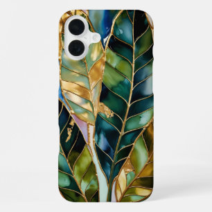 Para iPhone 16 Plus Funda de teléfono estética de hoja de oro verde es