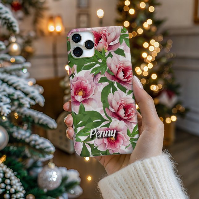 Para iPhone Funda de teléfono personalizada de peonía de alta  (Personalize Your Tech! Add a custom name to this artistic phone case. It's the perfect unique gift!)