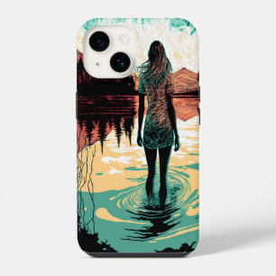 Para iPhone 14 Funda de teléfono psicodélica de mujer en un lago