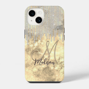 Para iPhone 14 Funda monograma con gotas de strass dorado y plate