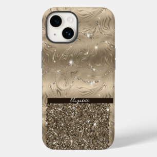 Para iPhone 14 Funda Monograma de Purpurina de imitación de oro a