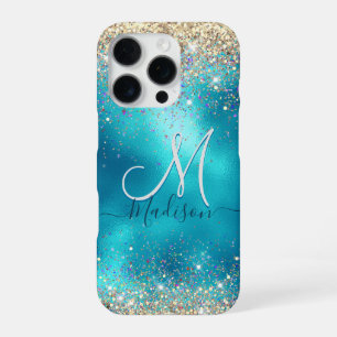 Para iPhone 16 Pro Funda monograma de purpurina falsa turquesa dorada