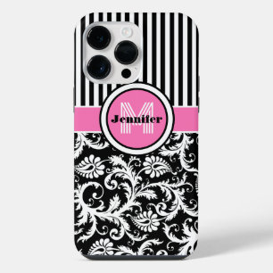 Para iPhone 14 Pro Max Funda Monogramado de Damasco Blanco, Negro, Rojo