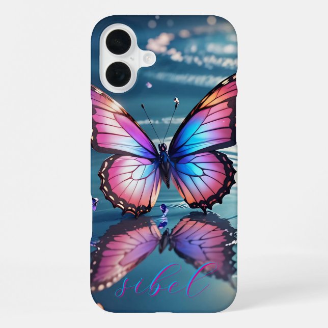 Para iPhone Funda monogramado de mariposa de gradiente moderno (Reverso )