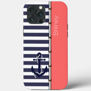 Para iPhone 13 Pro Max Funda personalizada azul marino blanco raya coral