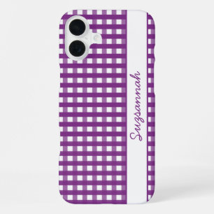 Para iPhone 16 Plus Funda personalizada de cuadros gingham morado y bl