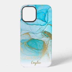 Para iPhone 12 Funda personalizada de mármol dorado azul Glitter