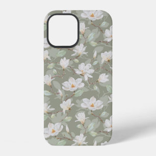 Para iPhone 12 Magnolia Blanca Pintada a Mano sobre Funda Verde P