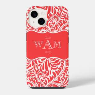 Para iPhone 14 Personalizado Coral Damask Monogramas Funda Monogr