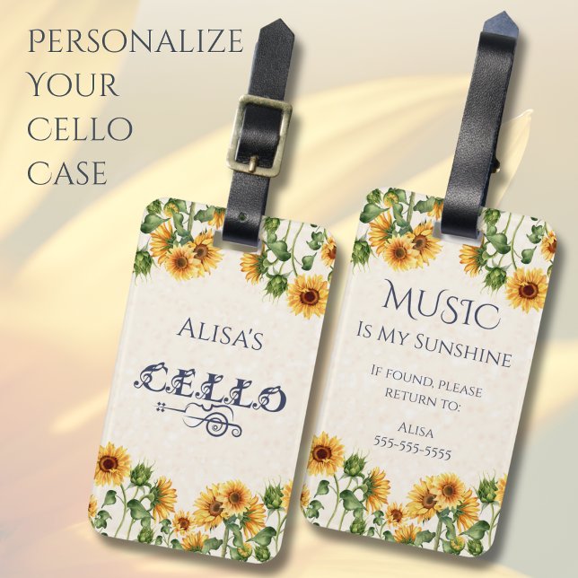 Para Maletas Charming Sunflower Cello Instrumento Etiqueta Fund (Make a unique and personalized tag for your favorite cellist today!)