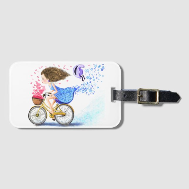 Para Maletas Chica feliz con etiqueta de equipaje de bicicleta (Anverso horizontal)